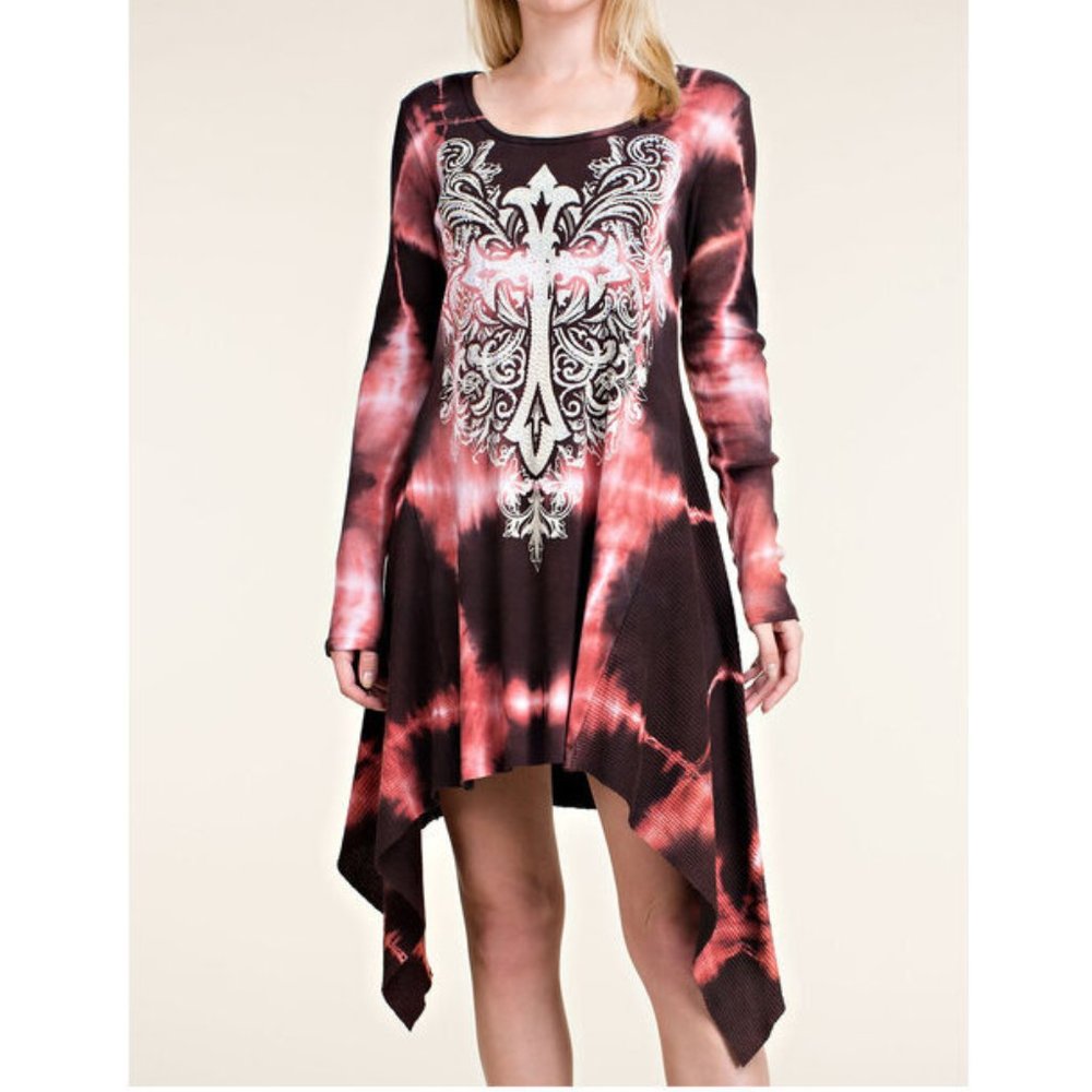 Vocal Tie Dye Crystal Cross Tattoo Dress Tunic Top